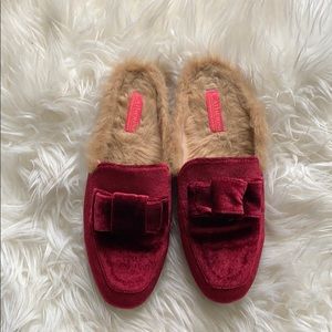 Deep Burgundy Faux Velvet and Fur Slides